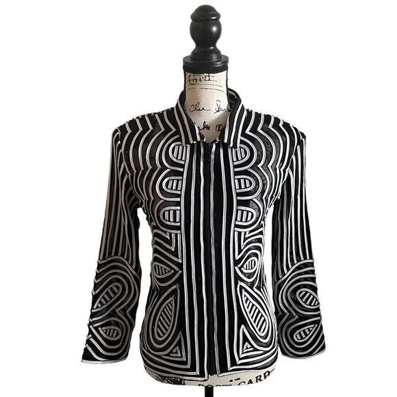 Damee Mesh jacket black white Size small full zip NWOT striped trim geometric - Picture 1 of 13